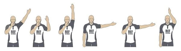 Rugby referee signalling penalty kick, free kick, try and penalty kick, advantage, scrum awarded, knock on