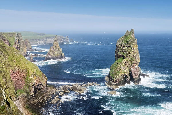 Rugged coastal landscape with the Duncansby Stacks, rock pinnacles, at Duncansby Head, Caithness, Scotland, United Kingdom, Europe