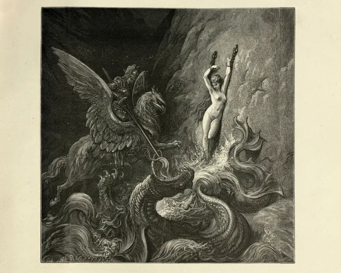 Framed Print : Ruggiero rescues Angelique from a sea monster, Orlando Furioso Framed Print : Ruggiero rescues Angelique from a sea monster, Orlando Furioso