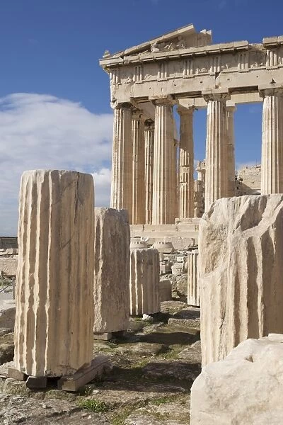 Ruined marble columns in front of Parthenon