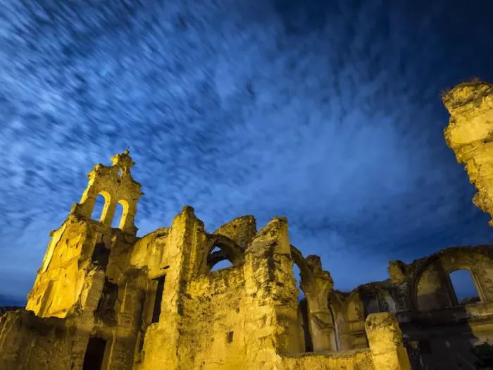 Framed Print : Ruins of abandoned convent one night with blue sky and the full moon Framed Print : Ruins of abandoned convent one night with blue sky and the full moon