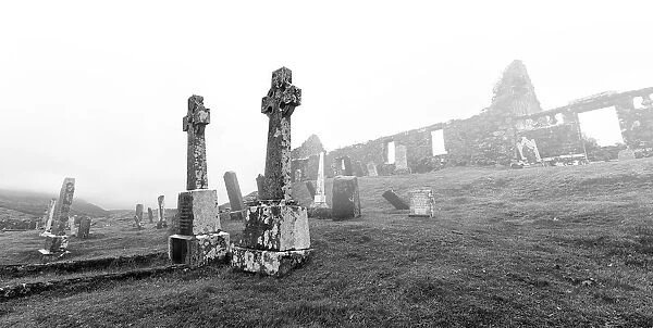 The ruins and graveyard of Cill chriosd on Isle of Skye in mist - Scotland Europe
