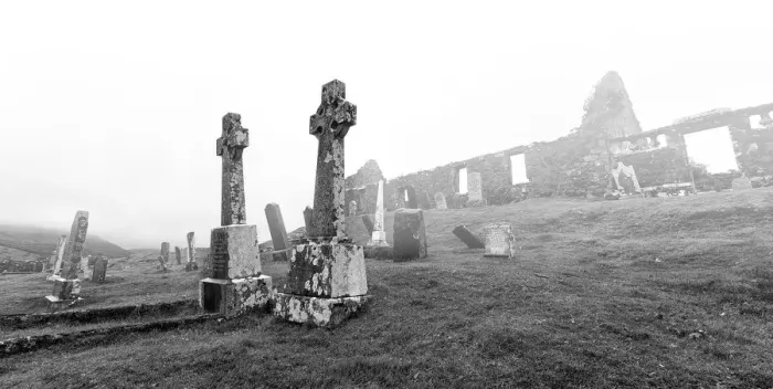 Framed Print : The ruins and graveyard of Cill chriosd on Isle of Skye in mist - Scotland Europe Framed Print : The ruins and graveyard of Cill chriosd on Isle of Skye in mist - Scotland Europe