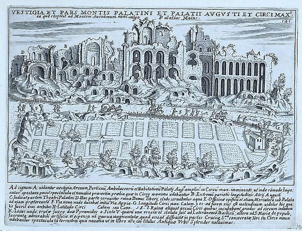 Ruins of the Palace of Augustus and the Circus Maximus on the Palatine Hill, historical Rome, Italy, digital reproduction of an original 17th century master, original date unknown