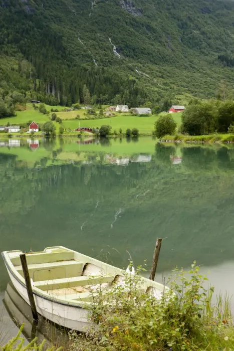 Framed Print : Rural scene with rowboat on lake, Olden, Norway Framed Print : Rural scene with rowboat on lake, Olden, Norway
