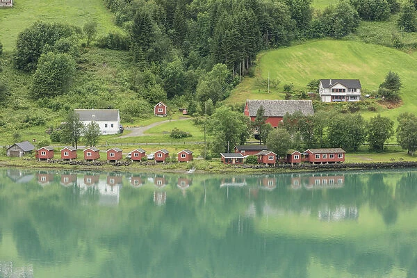 Rural scene with wooden buildings by fjord, Architecture, Olden, Norway