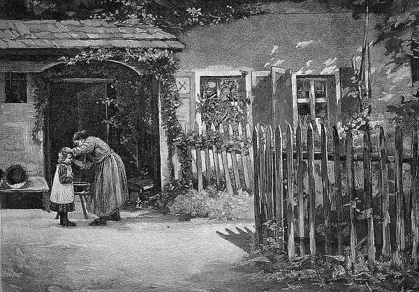 Rural toilet, mother cleaning her child in the garden of the farm, garden fence, Germany, Historic, digital reproduction of an original 19th century painting, original date not known