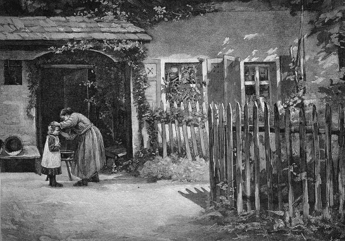 Framed Print : Rural toilet, mother cleaning her child in the garden of the farm, garden fence, Germany, Historic, digital reproduction of an original 19th century painting, original date not known Framed Print : Rural toilet, mother cleaning her child in the garden of the farm, garden fence, Germany, Historic, digital reproduction of an original 19th century painting, original date not known