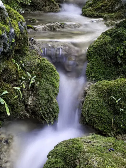 Framed Print : Rushing water with moss green silk effect between Framed Print : Rushing water with moss green silk effect between