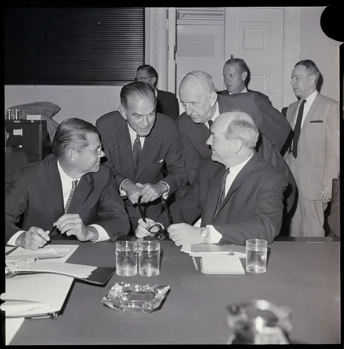 Framed Print : Rusk and McNamara Talk to Fulbright and Russell