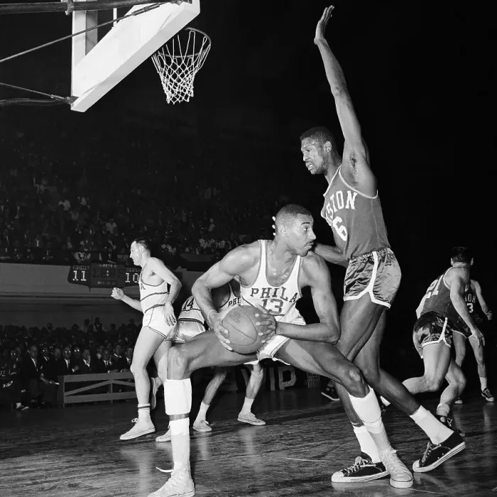 Framed Print : Russell Blocking Chamberlain in Game Framed Print : Russell Blocking Chamberlain in Game
