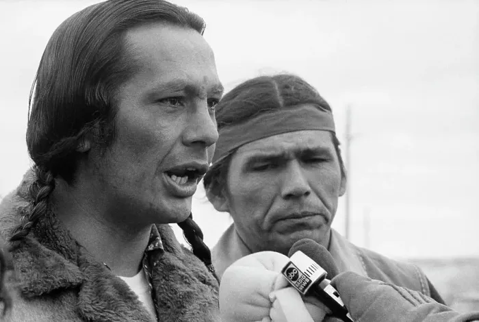 Framed Print : Russell Means and Dennis Banks Speaking to Reporters Framed Print : Russell Means and Dennis Banks Speaking to Reporters