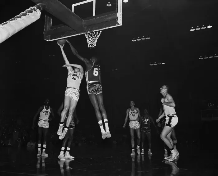 Framed Print : Bill Russell And Milt Scheurman In Basketball Action At Basket Framed Print : Bill Russell And Milt Scheurman In Basketball Action At Basket