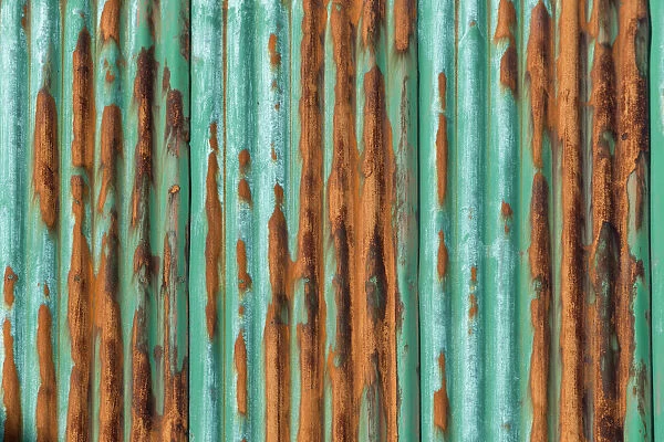 Rusty, green-painted corrugated iron wall, Faroe Islands, Faroe Islands, Denmark