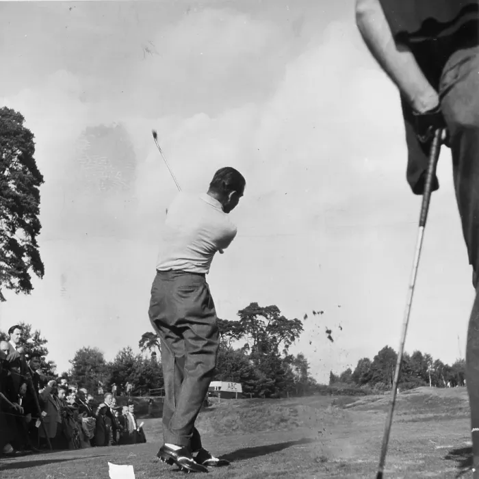 Framed Print : Ryder Cup. 1953: A golfer hits a ball towards the green during the Ryder Cup Framed Print : Ryder Cup. 1953: A golfer hits a ball towards the green during the Ryder Cup