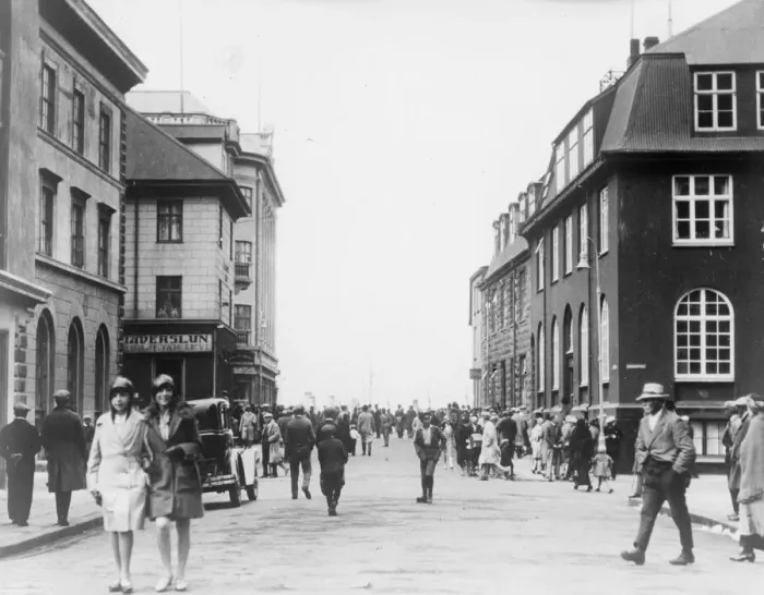Framed Print : Rykjavik. 1930: Main street of Rykjavik, capital of Iceland on the occasion Framed Print : Rykjavik. 1930: Main street of Rykjavik, capital of Iceland on the occasion
