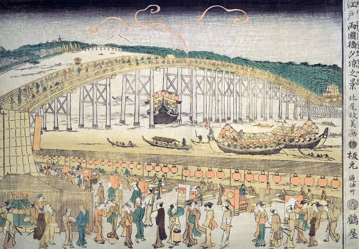 Framed Print : Ryogoko Bridge with shps and pedestrians Framed Print : Ryogoko Bridge with shps and pedestrians