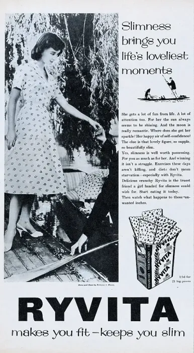 Framed Print : Ryvita. 1956: Advertisement for the rye-based crispbread, Ryvita, showing a young woman Framed Print : Ryvita. 1956: Advertisement for the rye-based crispbread, Ryvita, showing a young woman