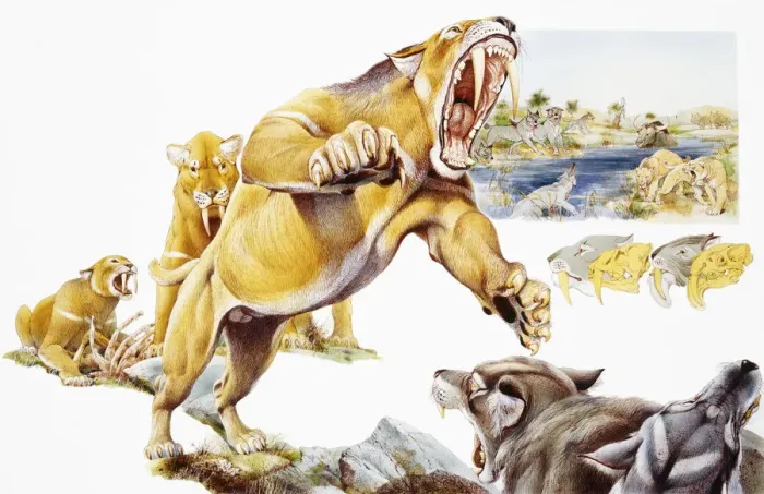 Framed Print : Saber-toothed cat attacking wolves Framed Print : Saber-toothed cat attacking wolves