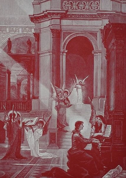 Sacred Sounds in the Church, Organ, Angel, 1878, Germany, Historic, digital reproduction of an original 19th century artwork