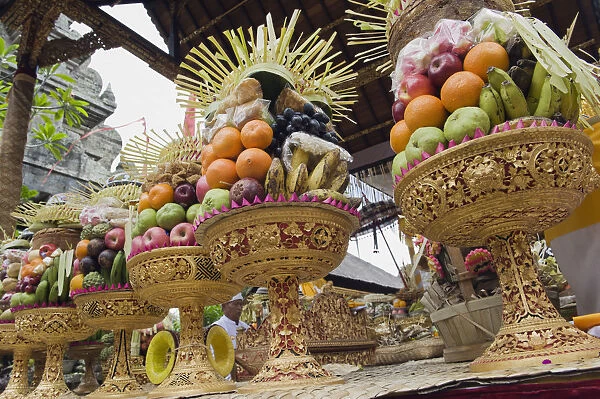 Sacrificial offerings, fruit at a temple ceremony, Pura Desa Temple, Ubud, Bali, Indonesia