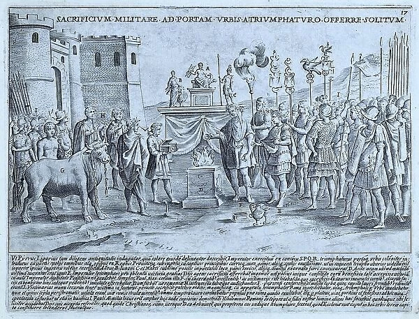Sacrificium Militare ad Portam, The painting depicts a triumphal ceremony at the gates of Rome in 1513, historical Rome, Italy, digital reproduction of an original 17th century original, original date not known