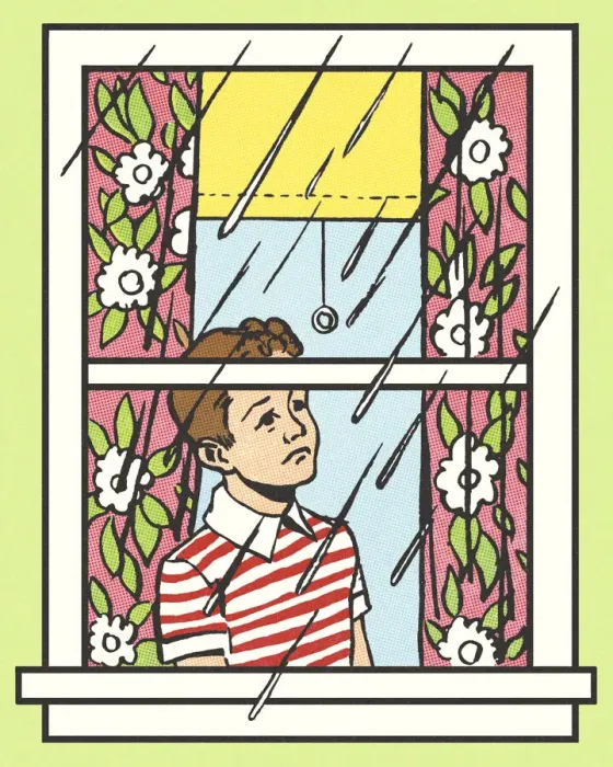 Framed Print : Sad Boy Looking Out the Window as It Rains Framed Print : Sad Boy Looking Out the Window as It Rains