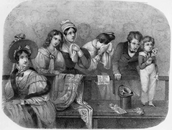 Framed Print : Sad Drama. circa 1845: A family enjoying a good cry at the theatre Framed Print : Sad Drama. circa 1845: A family enjoying a good cry at the theatre