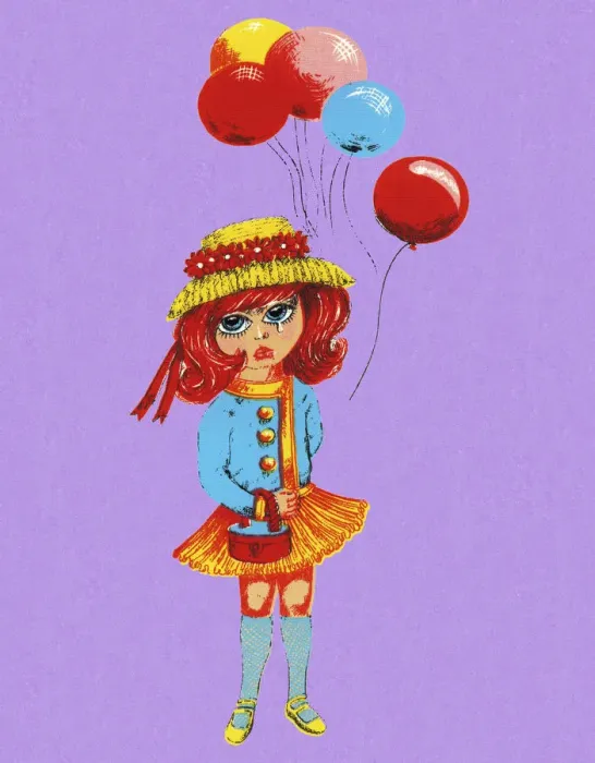 Framed Print : Sad Groovy Girl With Balloons Framed Print : Sad Groovy Girl With Balloons