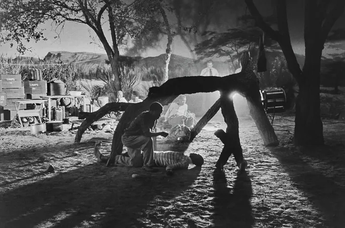 Framed Print : Safari. Backlight view of actors filming a scene of CinemaScope adventure Framed Print : Safari. Backlight view of actors filming a scene of CinemaScope adventure