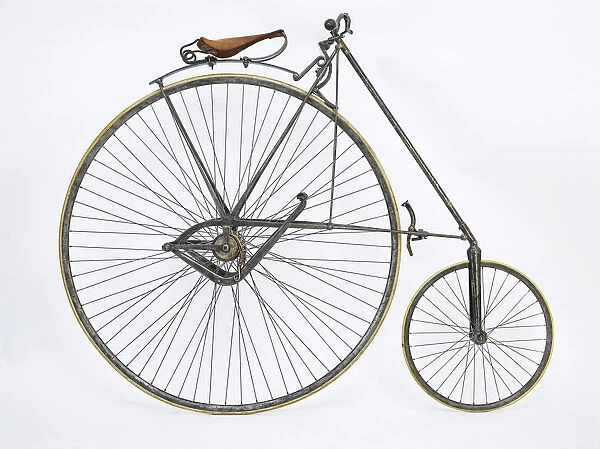 Safety Penny Farthing Model, 1887, Dresden, Germany, side view, drive side. Number of gears - 0 Steel frame  /  solid rubber tyres Wheel: front 57cm  /  back 122cm Special features: lever pedals