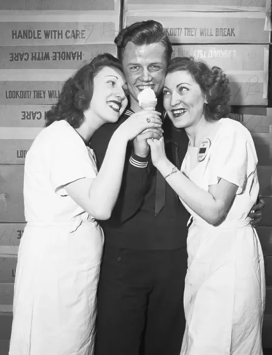 Framed Print : Sailor and Two Women Eating Ice Cream Cone