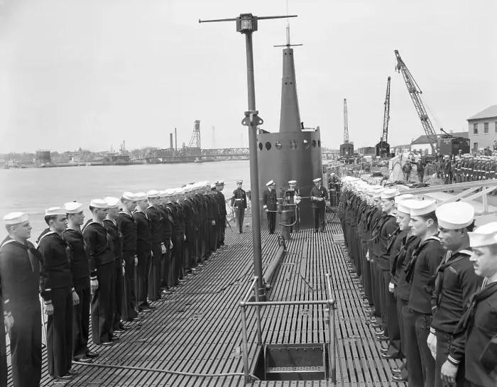 Framed Print : Sailors at Attention on Navy Submarine Sailfish