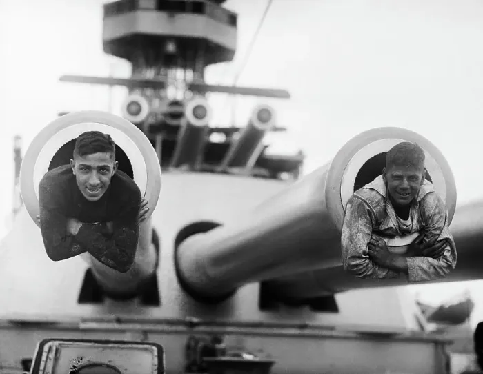 Framed Print : Sailors Posing in Gun Barrels Framed Print : Sailors Posing in Gun Barrels