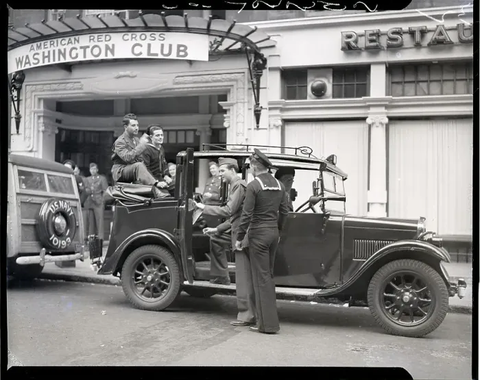 Framed Print : Sailors and Soldiers in and Around a Car Framed Print : Sailors and Soldiers in and Around a Car