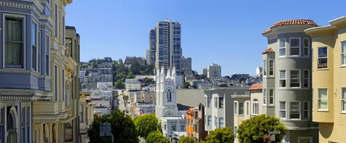 Framed Print : Saint Francis of Assisi Church and historic wooden buildings on Vallejo Street, San Francisco, California, USA