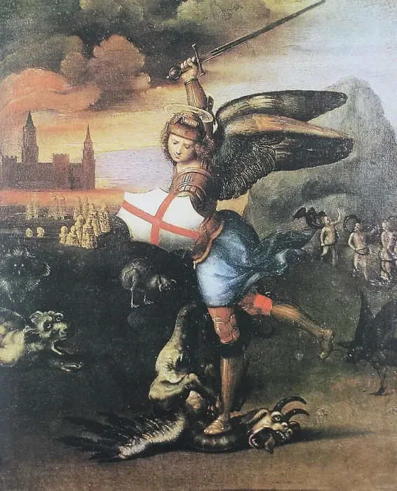 Framed Print : Saint Michael Defeats the Dragon, by Raffaello Sanzio da Urbino, also Raphael da Urbino, Raffaello Santi, Raffaello Sanzio, Raphael, Italian painter, Italy, digitally restored reproduction of a work of art (public domain) from ca 1500 Framed Print : Saint Michael Defeats the Dragon, by Raffaello Sanzio da Urbino, also Raphael da Urbino, Raffaello Santi, Raffaello Sanzio, Raphael, Italian painter, Italy, digitally restored reproduction of a work of art (public domain) from ca 1500