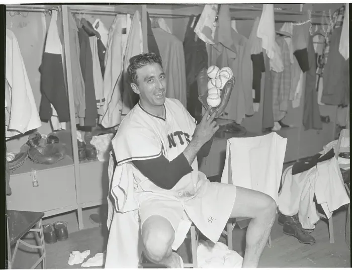 Framed Print : Sal Maglie Holding Six Baseballs in Glove Framed Print : Sal Maglie Holding Six Baseballs in Glove
