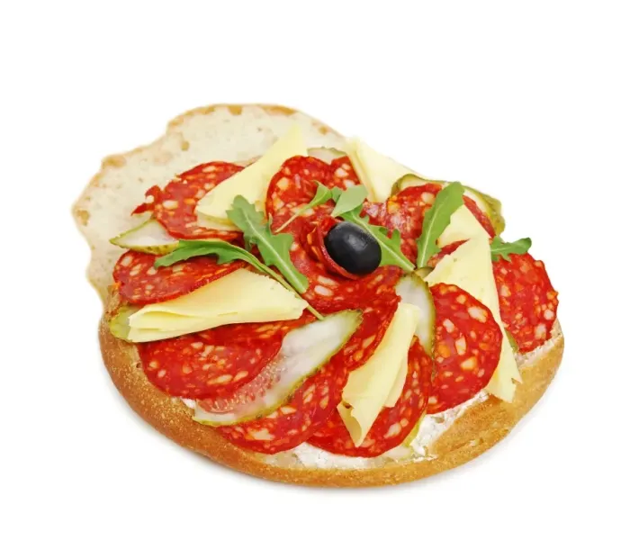 Framed Print : Salami sandwich with cheese and garnish Framed Print : Salami sandwich with cheese and garnish