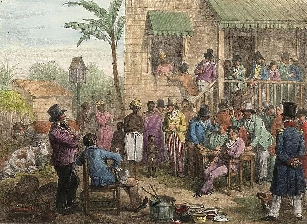 Sale of a black slave and her child, 1839, Suriname, Historical, digitally restored reproduction from a 19th century original