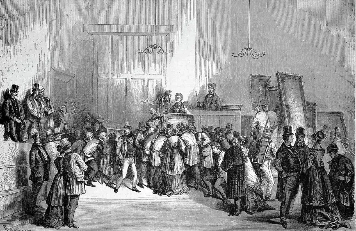 Framed Print : A sale of paintings at the auction house, 1869, Paris, France, Historic, digitally restored reproduction of an original 19th century painting, exact original date unknown Framed Print : A sale of paintings at the auction house, 1869, Paris, France, Historic, digitally restored reproduction of an original 19th century painting, exact original date unknown