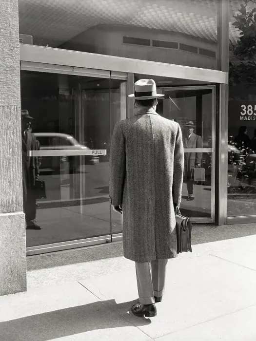 Framed Print : Salesman in Front of Office Building Framed Print : Salesman in Front of Office Building