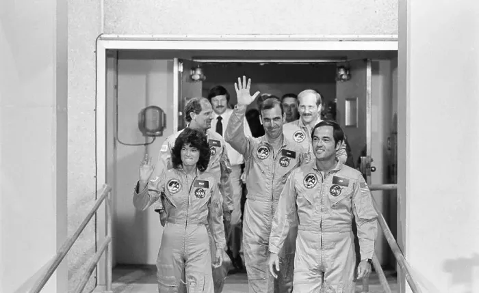 Framed Print : Sally Ride and Crew Members Before Entering Spacecraft Framed Print : Sally Ride and Crew Members Before Entering Spacecraft