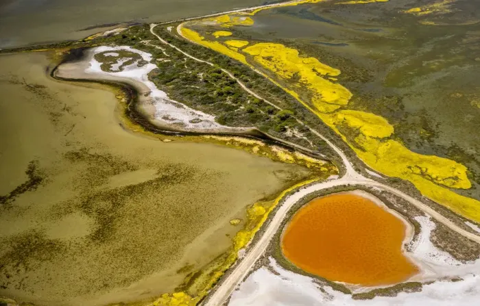 Framed Print : Salt patterns on the surface of salt marshes, brackish water area with colourful old salines, near Aigues-Mortes, Saintes-Maries-de-la-Mer, Camargue, Provence-Alpes-Cote dAzur, France
