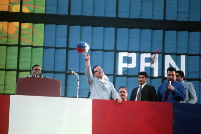 Framed Print : Salvador Allende Waving Pom Pom at Podium Framed Print : Salvador Allende Waving Pom Pom at Podium