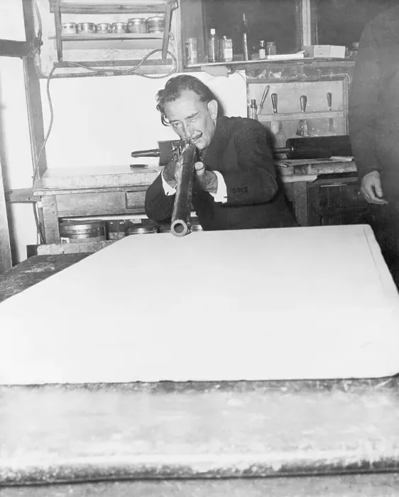 Framed Print : Salvador Dali Attempting Engraving with Shotgun Framed Print : Salvador Dali Attempting Engraving with Shotgun