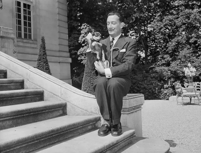 Framed Print : Salvador Dali Holds Dog By Neck Framed Print : Salvador Dali Holds Dog By Neck