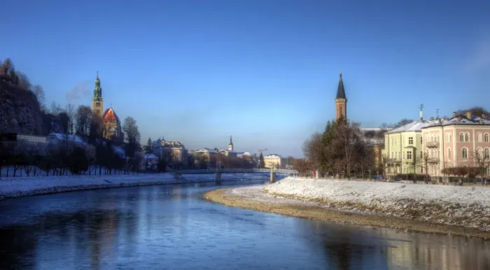 Framed Print : Salzburg Salzach river banks on clear winter day Framed Print : Salzburg Salzach river banks on clear winter day
