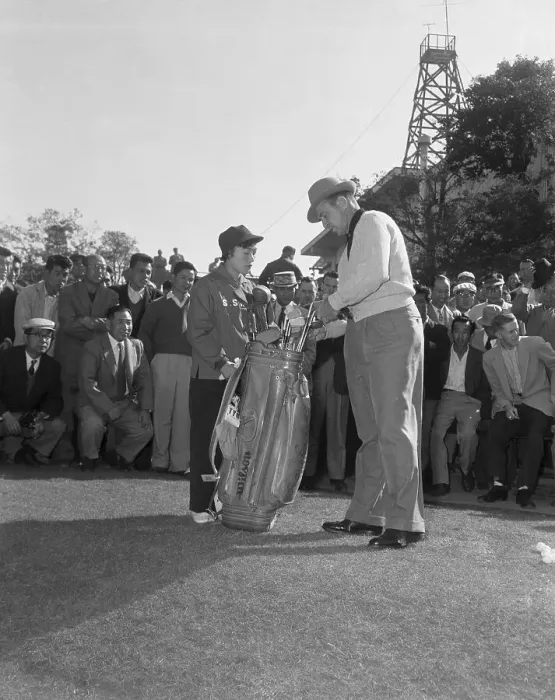 Framed Print : Sam Snead Choosing Golf Club at Japanese Course Framed Print : Sam Snead Choosing Golf Club at Japanese Course