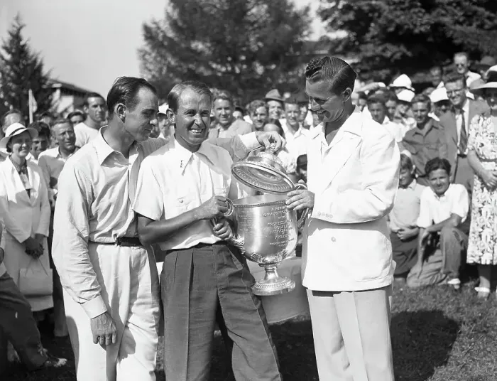 Framed Print : Sam Snead Looking on as Paul Runyon Receives PGA Trophy